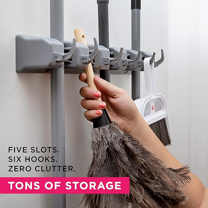 Berry Ave Broom Holder & Wall Mount Garden Tool Organizer- Kitchen, Closet, Garage & Laundry Room Storage With 5 Slots And 6 Hooks- Wall Holder For Broom, Rake & Mop Handles Up To 1.25” [Gray, 2 Pack]