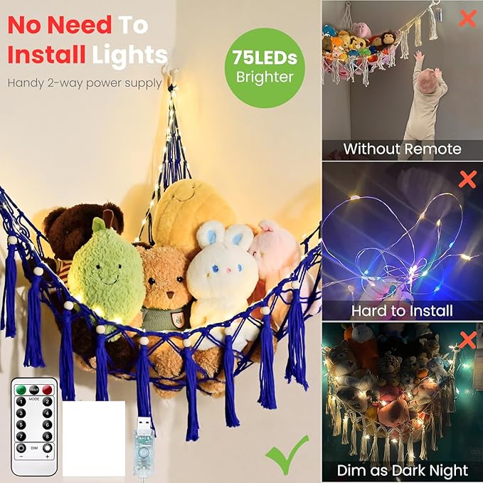 Stuffed Animal Hammock, 55in Storage Macrame Hammock with 75LEDs, Hanging Net for Kids Bedroom Doll Room Corner Organizer, USB Powered Plush Animal Storage Net with Remote (Dark Blue, XL)