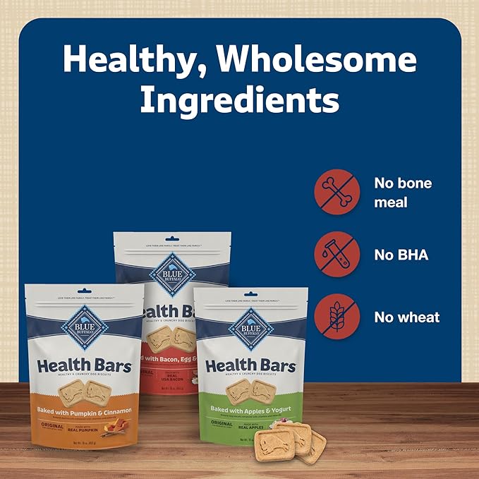 Blue Buffalo Health Bars Crunchy Dog Biscuits, Variety Pack, Bacon, Egg & Cheese, Apple & Yogurt, Pumpkin & Cinnamon, 16-oz Bags