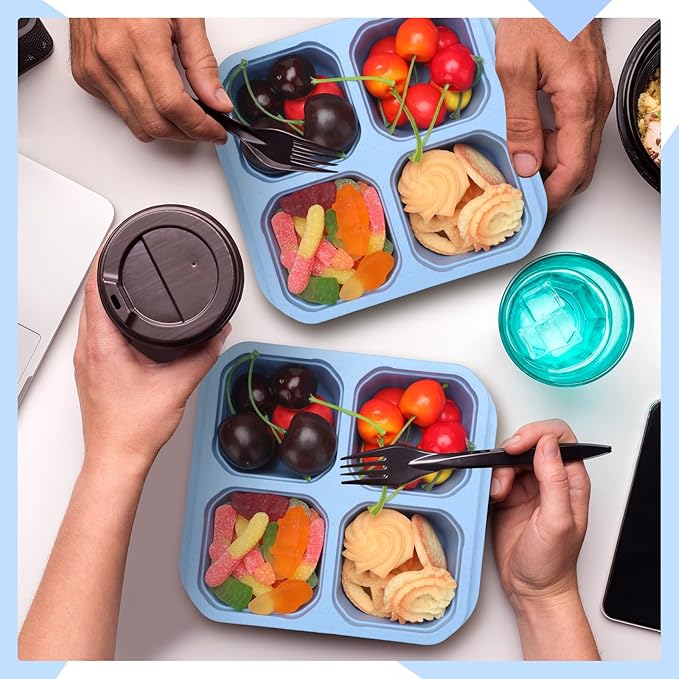 12 Pcs 4 Divided Compartments Snack Containers Bento Wheat Straw Snack Box with Lid Reusable Meal Prep Lunch Box Food Storage Containers for Adults Christmas Travel Work Gifts(Blue)