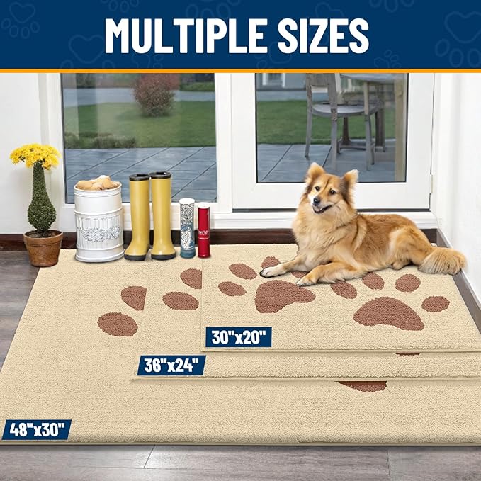 Smiry Dog Door Mat for Muddy Paws, Absorbs Moisture and Dirt, Low-Profile Entryway Mat with Non-Slip Backing, Entry Indoor Outdoor Doormat for Inside Floor (30x20 Inches, Light Beige, Paw)