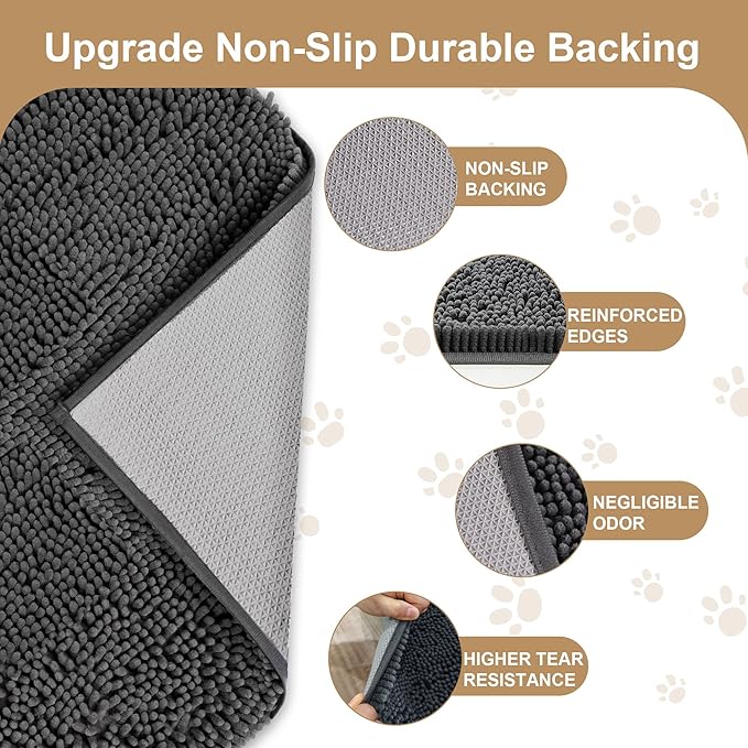 Amyracel Absorbent Dog Door Mat for Muddy Paws, 60" x 36" Non Slip Washable Door Mat Indoor Entrance, Quick Dry Chenille Pet Entry Rugs for Entryway Indoor, Grey