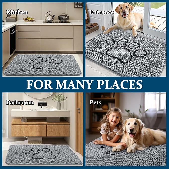 OLANLY Dog Door Mat for Muddy Paws 59x32, Paw Print Design, Absorbs Moisture and Dirt, Absorbent Non-Slip Washable Doormat, Quick Dry Chenille Mud Mat for Dogs, Entry Indoor Entryway Carpet, Grey