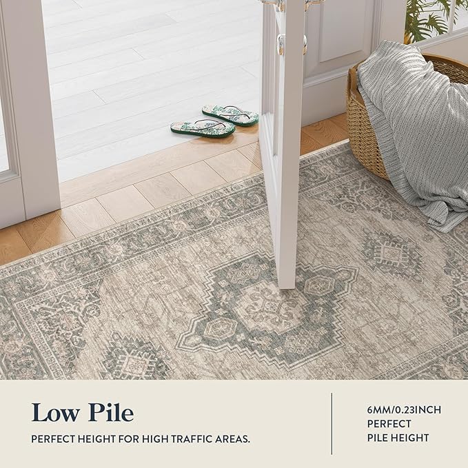 Lahome Oriental Kitchen Rugs Non Slip, 2x3 Small Rugs for Bedroom Entryway, Soft Door Mat Indoor Entrance Vintage Ultra-Thin Carpet for Kitchen Bathroom Bedroom Eleanor, Grey/Brown