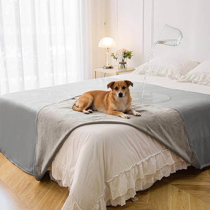 Tuffeel Waterproof Blanket for Bed King Size, Leak Proof Dog Couch Blankets Reversible, Pet Throw Sofa Furniture Protector Machine Washable-82 x108,Light Grey+Dark Grey