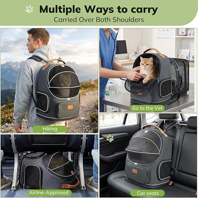 Morpilot Expandable Cat Carrier Backpack for Small Dogs & Cats Up to 25lbs, Breathable Mesh Pet Travel Backpack with Safety Leash, Foldable Airline Approved Carrier for Hiking Camping Outdoor, Grey