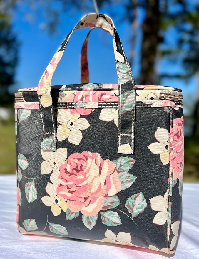 Kwang Min Floral Insulated Lunch Bag for Women,Reusable Lunch Box,Large Cooler for Office,Picnic Outdoors,Premium Waterproof Fabric,Ideal Floral Lunch Bag (Begonia Navy)