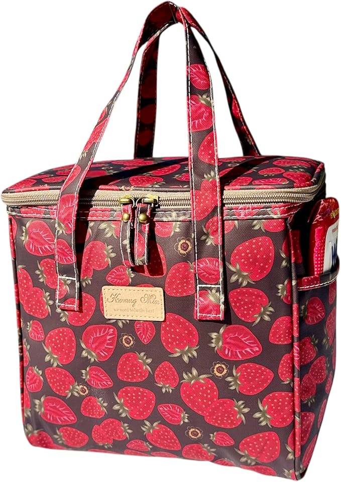 Kwang Min Floral Insulated Lunch Bag for Women,Reusable Lunch Box,Large Cooler for Office,Picnic Outdoors,Premium Quality Waterproof Fabric,Ideal Gift for Outdoors and Work (Chocolate Strawberry)