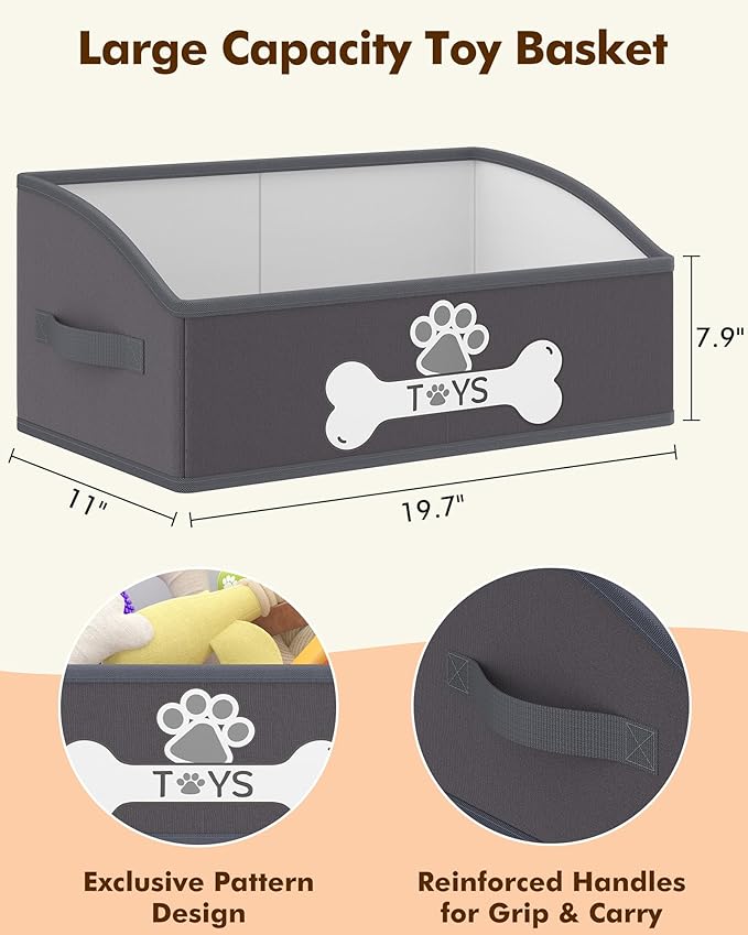 Optish 2 Pack Dog Toy Basket, Foldable Dog Toy Box with Handles, 19.7" X 11" X 7.9" Large Basket Specially Designed for Dog Toy Storage, Suit for Storing Pet Toys and Accessories, Grey