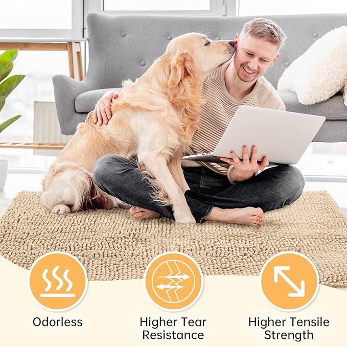 Absorbent Dog Door Mat for Muddy Paws, 72" x 36" Chenille Indoor Mats for Entryway, Trap Dirt Front Door Mat Indoor Entrance Washable Non Slip Soft Beige