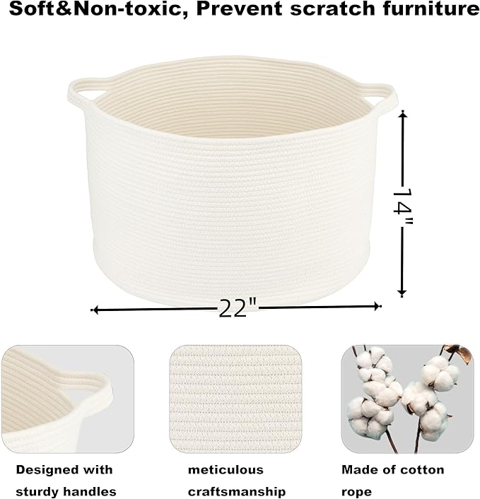 XUANGUO Extra Large Cotton Rope Basket Blankets Basket Living Room 22"x14" Toy Basket for Kids Dogs Rope Storage Basket for Nursery Woven Laundry Basket for Clothes Towels Baby Toy Storage round white