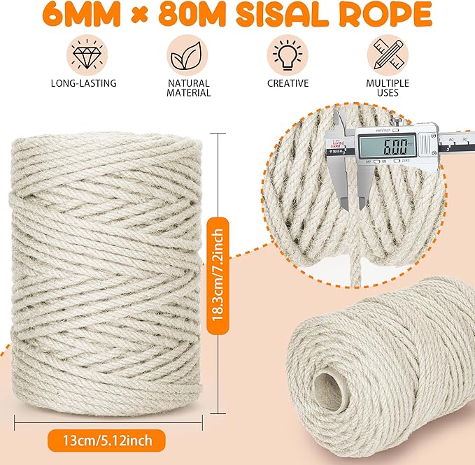 262FT/80M Cat Scratching Sisal Rope, 6mm Thick Natural Jute Rope for Scratch Posts, Cat Trees, DIY Projects, Sisal Rope for Cat Scratcher with 2 Cat Mouse Toys (White, 262ft)