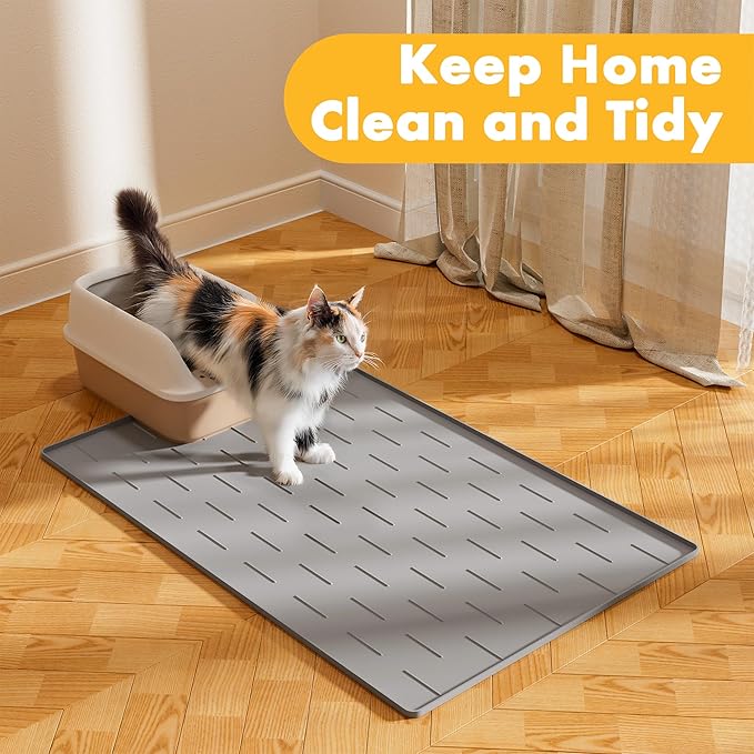 Pieviev Silicone Cat Litter Trapping Mat, 40''x28'' Extra Large Cat Litter Mat, Easy to Clean & Soft on Kitty Paws, Waterproof Kitty Litter Pads for Indoor Cats, Light Gray