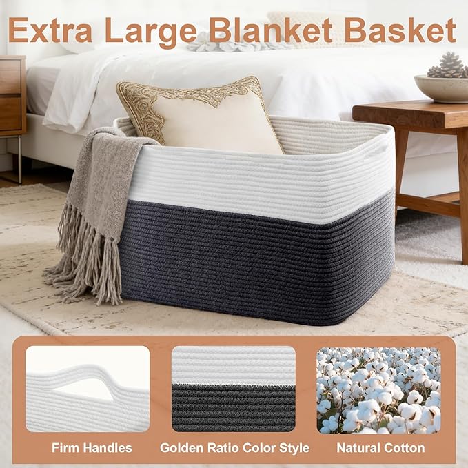 105L XXXL Large Blanket Basket, Rectangular Cotton Rope Basket, Laundry Hamper for Blankets, Pillows, Extra Large Toys Storage Bins for Kids, Dogs 25" x 16" x 16", White & Black