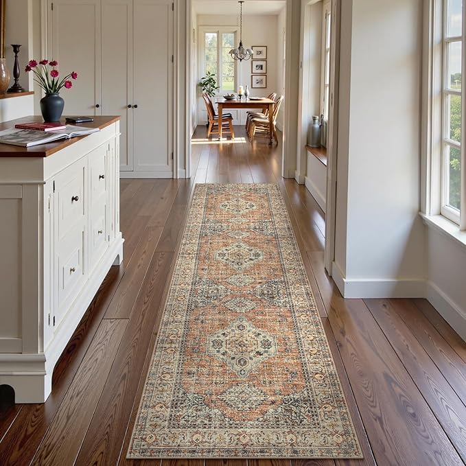 Lahome Oriental Hallway Runner Rug, 2.5x8 Kitchen Runner Non Slip Ultra-Thin, Soft Washable Hallway Rug Distressed Long Carpet for Entryway ‎Laundry Room Bathroom Eleanor, Peach/Orange