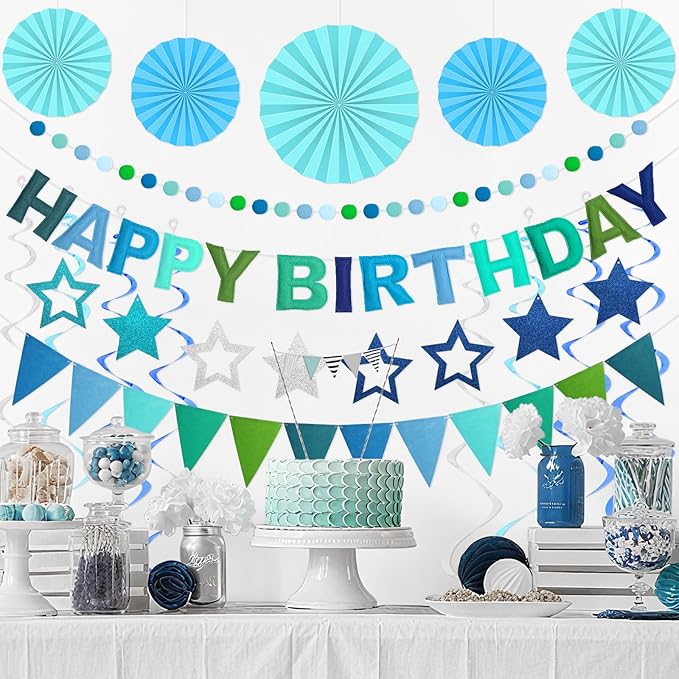 Pre-Strung 3D Felt Happy Birthday Banner, Reusable Blue Birthday Party Decorations for Men, Happy Birthday Sign with Felt Ball Garland, Pennant Flag, Hanging Paper Fans, Star Swirl Streamers