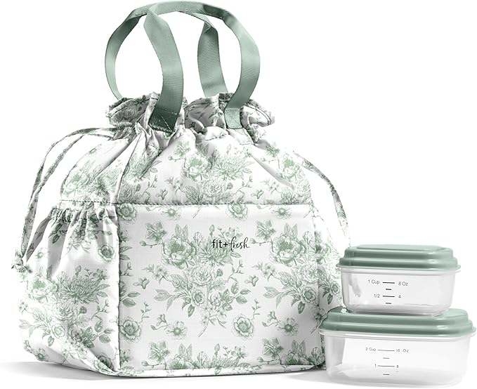 Fit & Fresh Cromwell Drawstring Lunch Bag for Women, Complete Lunch Set with 2 Containers, Stain-Resistant, Leak-Resistant, Back to School Essential, Teacher Lunchbox, Sage Floral Toile