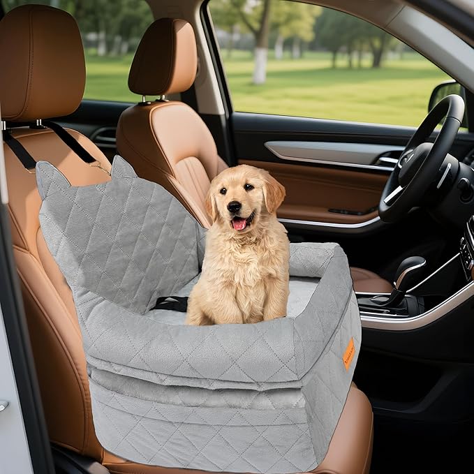 CABZOON Dog Car Seat for Small/Medium Dogs Up to 35lbs,Elevated Cushion Fits in Front/Back Seat,Travel Safety Per Car Bed with Washable Removable Cover, Storage 2 Pockets Grey