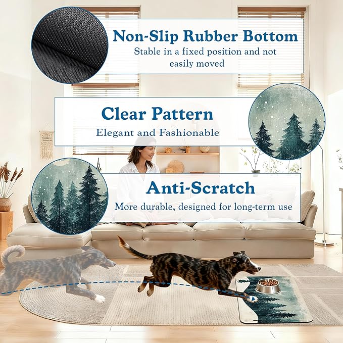 Mysty Winter Fores Pet Feeding Mat–Christmas Stocking Quick Dry Absorbent Dog Cat Food Mat, Non Slip Waterproof Bowl Placemat for Messy Eaters, Pet Accessories for Floors 16"x24"