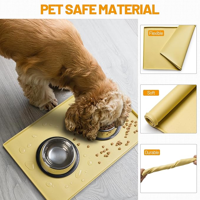 Hubulk Dog Feeding Mat,100% Waterproof Food Grade Silicone Pet Food and Water Bowl Placemat,Dishwasher, High Raised Edge to Prevent Spills,Nonslip Tray to Stop Messes on Floor (19"x12"x0.5", Yellow)