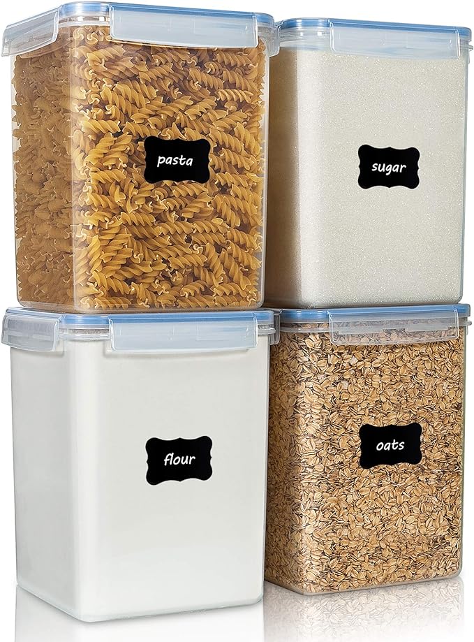 Vtopmart Large Food Storage Containers 5.2L / 175oz, 4 Pieces BPA Free Plastic Airtight Canisters for Flour, Sugar, Baking Supplies, Rice with Lids, 4 Measuring Cups and 24 Labels, Blue