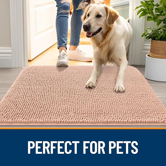 OLANLY Dog Door Mat for Muddy Paws 32x20, Absorbs Moisture and Dirt, Absorbent Non-Slip Washable Doormat, Quick Dry Chenille Mud Mat for Dogs, Entry Indoor Entryway Carpet for Inside Floor, Peach