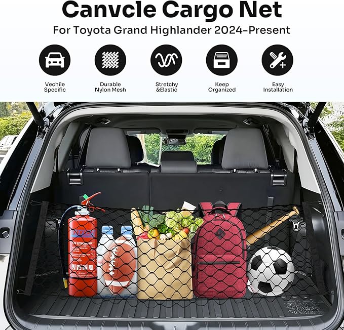 Trunk Cargo Net for 2024-2025 2026 Toyota Grand Highlander Accessories Envelope Style Mesh Trunk Net Organizer and Storage Stretchable Adjustable Elastic Nylon Rear Cargo Netting with Hooks
