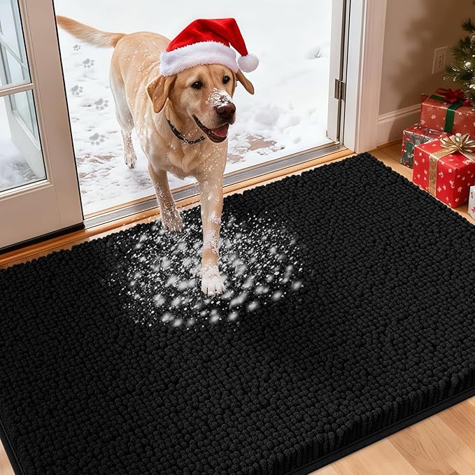 IM HOME Dog Door Mats for Muddy Paws, 36" X 24" Chenille Absorbent Doormat, Non Slip Heavy Dog Rugs for Muddy Paws, Soft Indoor Door Mat for Entryway, Mud Paw, Inside Floor, Black