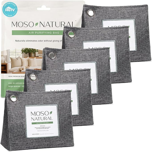 Moso Natural Air Purifying Bag 600g (21oz) Premium Bamboo Charcoal Odor Absorber | Room Deodorizer for Large Spaces, Bedroom, Kitchen, Basement | Pet Odor Eliminator for Home | Unscented (5 Pack)