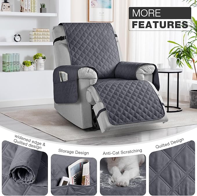TAOCOCO 100% Waterproof Recliner Chair Cover Non-Slip Reclining Cover for Recliner Chair Washable Chair Seat Cover with Elastic Straps for Pets Sofa Slipcover with Pocket (Small 23'', Smoke Gray)