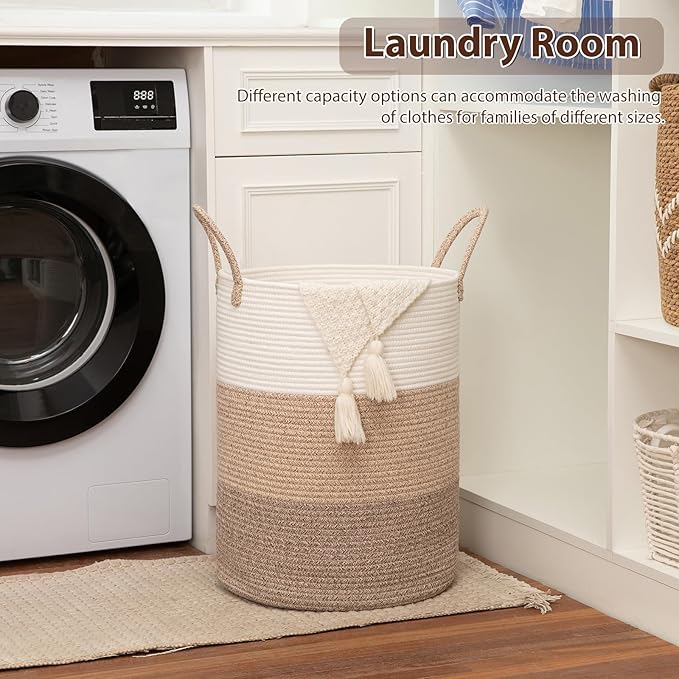 OIAHOMY Large Laundry Basket Hamper - 60L Cotton Rope Woven Basket for Blankets, Toys, Clothes - Tall Decorative Nursery Hamper with Long Handles, Gradient Brown