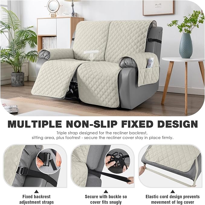TAOCOCO 100% Waterproof Recliner Couch Covers, Recliner Sofa Covers with Leg Straps, 1-Piece Washable Reclining Sofa Cover with Pocket Couch Protector for Pets Kids(2 Seater, Ivory)