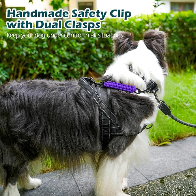 PetBonus Dog Collar Safety Clip, Handmade Backup Safety Strap for Dog Harness, Prong, Pinch Collar, Double Ended Clasp Leash Connector (Purple)