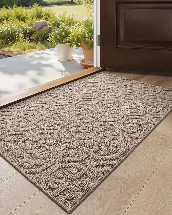 DEXI Front Door Entryway Mat Non Slip, 17x30 Washable Inside Entrance for House Floor Low Profile, Thin Entry Doormat Absorbent Dirt Trapper, Light Beige