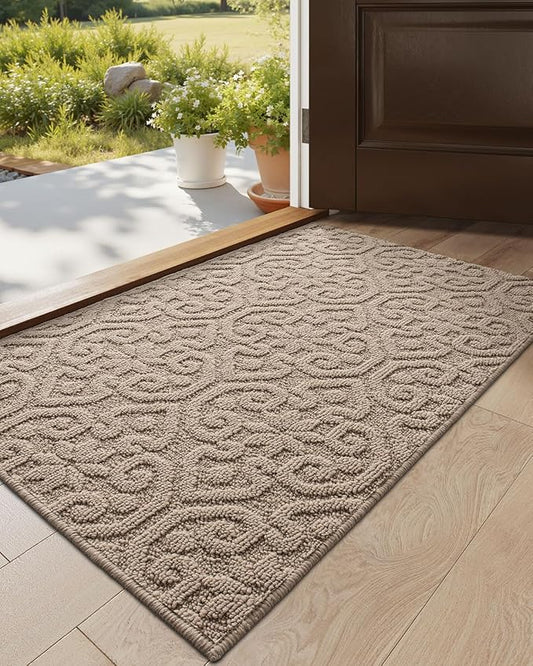 DEXI Front Door Entryway Mat Non Slip, 17x30 Washable Inside Entrance for House Floor Low Profile, Thin Entry Doormat Absorbent Dirt Trapper, Light Beige