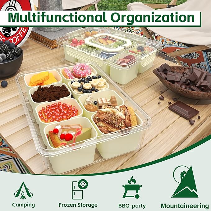 REBECAT Divided Serving Tray with Lid and Handles 8 Compartments Snack Box Container Charcuterie Organizer Snackle Box Container for Candy,Nuts，Fruits,Snacks,3 Pack,Beige