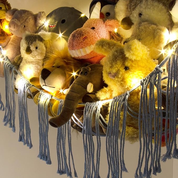 RelaxScene Stuffed Animal Storage Hammock Corner X-Large with LED Light - Baby Hammock Hanging Holder Plushies Net for Stuff Animals Organizer - Cute Room Decor Aesthetic Kids Toddler Nursery Bedroom
