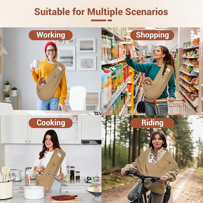 Hands-Free Cat Sling Carrier, Ultra-Soft Polar Fleece Pet Sling for Small Dogs & Cats 3-14 lbs, Machine Washable for Indoor Snuggling & Outdoor Use (Large, Khaki)