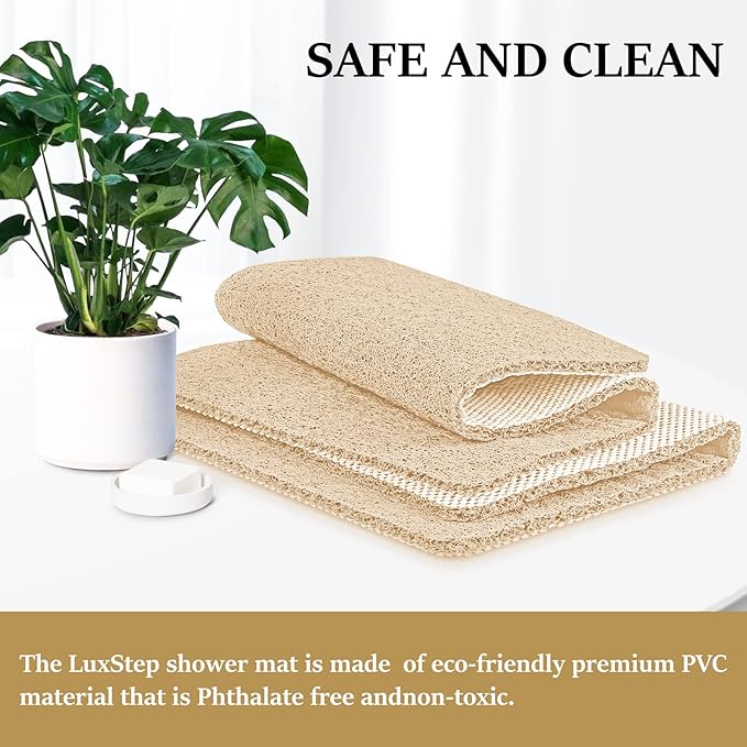 LuxStep Shower Mat Bathtub Mat,40x16 inch, Non-Slip Bath Mat with Drain, Quick Drying PVC Loofah Bathmat for Tub,Shower,Bathroom,Khaki