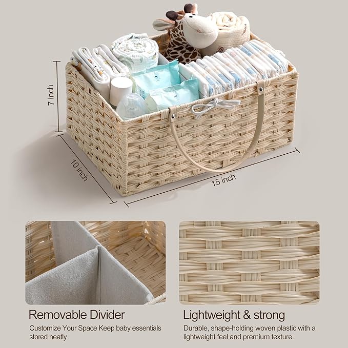HBlife Large Diaper Caddy Organizer, Washable Waterproof, Portable Plastic Wicker Woven Basket with Divider, Nursery Diaper Station, Baby Shower Gifts Basket & Car Organizer