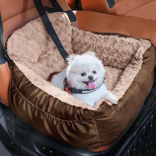 Dog Car Seat for Small Dogs, Washable Pet Booster Seats with Clip-On Safety Leash, Comfy Deluxe Plush Carseat with Storage Pockets, Puppy Car Travel Carrier Bed for Dogs Under 25 lbs, Brown