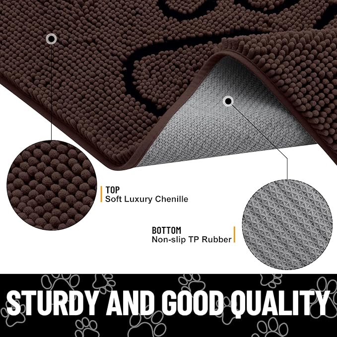 Smiry Dog Door Mat for Muddy Paws, Absorbent Dirt Trapper Non Slip Quick Dry Washable Chenille Mat for Mud Dogs, Entry Rug for Indoor and Outdoor (47x32 Inches, Brown and Black)