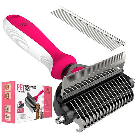 Spring Blossoms-2 in 1 Professional Grooming Rake for Cats & Dogs-Dematting Comb for Easy Mats & Tangles Removing,Pet Brush Safe No More Nasty Shedding and Flying Hair (Rose)