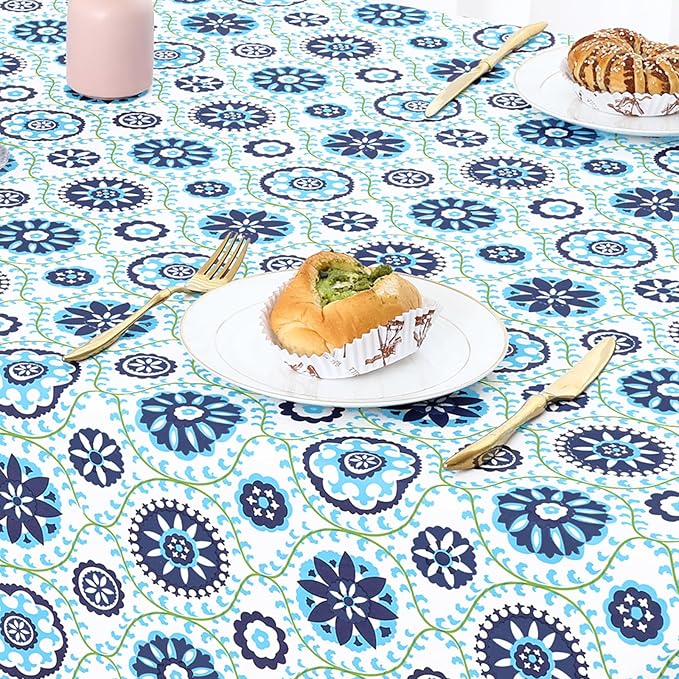 misaya Square Waterproof Vinyl Table Cloth, Wipeable Tablecloth with Flannel Backing, Plastic Table Cover for Dinner, Picnic, Indoor and Outdoor (Navy Mandala, 54" x 54")