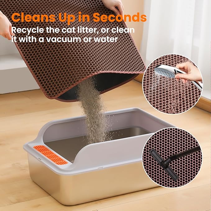Petinstinct Extra Large Cat Litter Mat, 30x22 Inches Honeycomb Double Layer Cat Litter Trapping Mat, Non Slip Waterproof Urine Proof Large Kitty Litter Box Mat for Floor, Kitten Supplies, XL, Brown