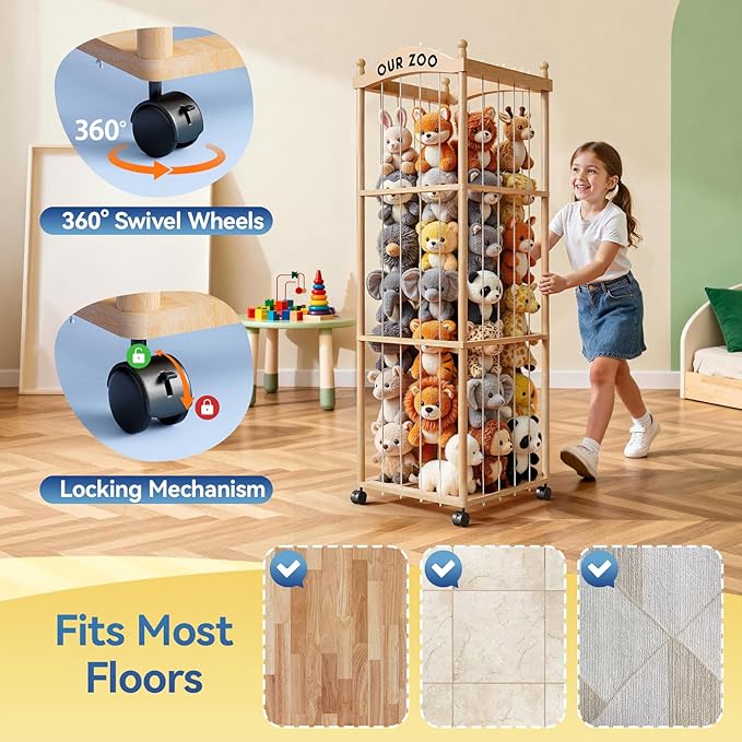 Stuffed Animal Storage Zoo Tower, Large Capacity Wooden Stuffed Animal Holder with Wheels, Space-Saving Toy Storage Organizer, Stuffy Plushies Storage for Nursery, Playroom & Bedroom