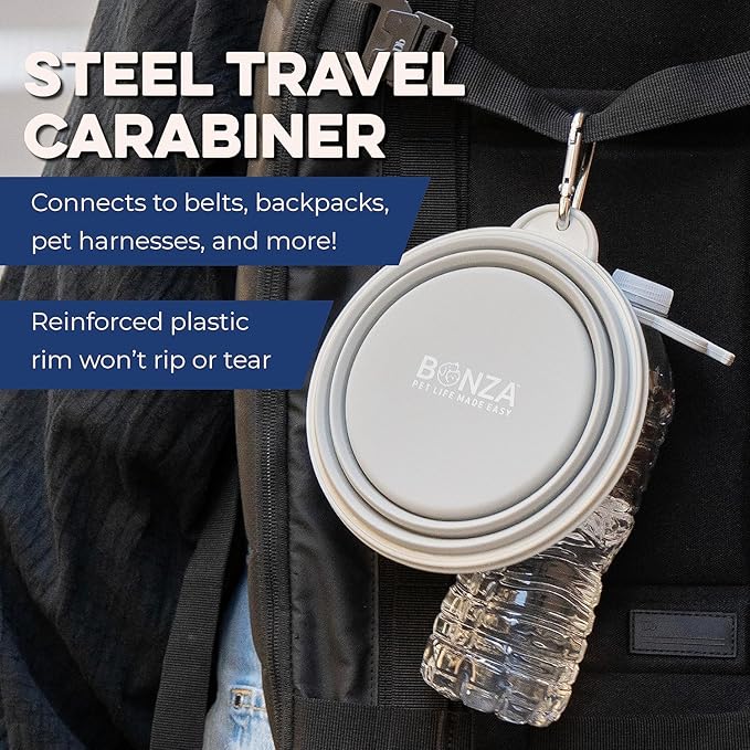 Bonza Collapsible Dog Bowls - Small 12 oz, Dog Travel Accessories, Silicone Portable Dogs Bowl & Water Dish with Reinforced Rim & Carabiner for Hiking, Camping, and Car Trips, Black