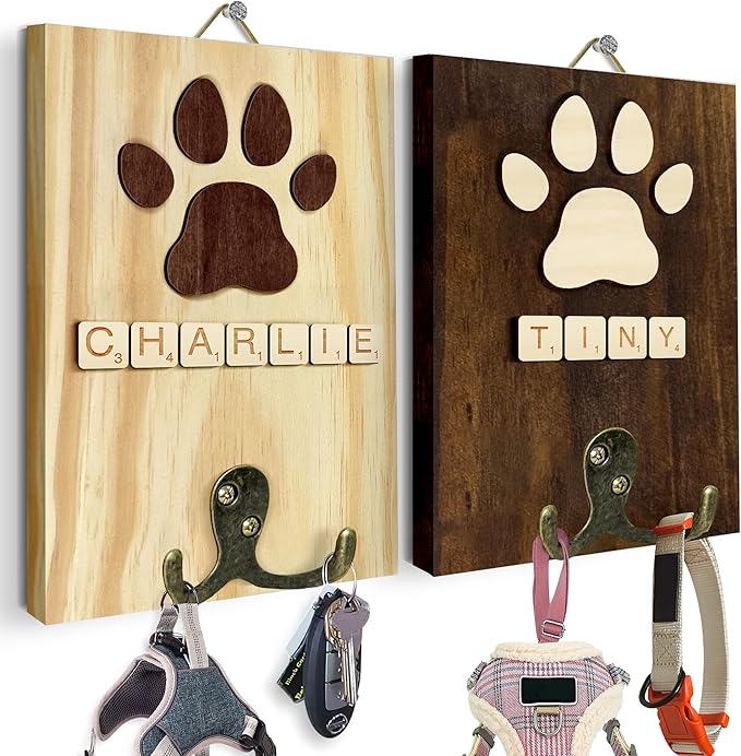 Personalized Dog Leash Holder Wall Mount, Pet Harness Hanger with Scrabble Letters, Dog Collar Organizer for Entryway, Memorial Cat Leash Holder for Wall, Pet Loss Gifts, Keepsake, Home Decor