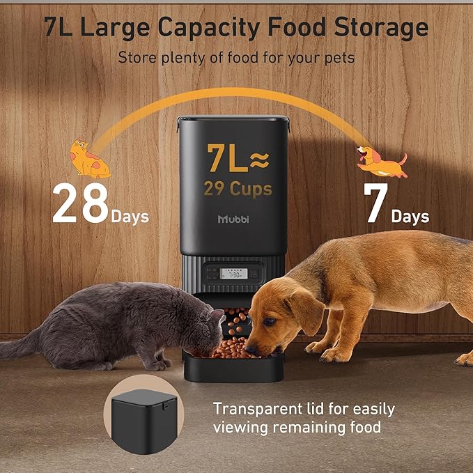 Automatic Cat Feeders, 7L/29 Cups Automatic Dog Feeder with Desiccant Bag, 1-6 Meals Ideal for 2-15mm Dry Food, Suitble for Multiple Pets, Dual Power Supply, Detachable Washable, Black