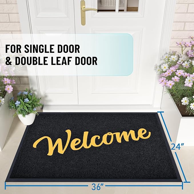 T.HENV Welcome Mat Outdoor Indoor, 36x24, Black-Gold, Waterproof, Non Slip, Easy Clean